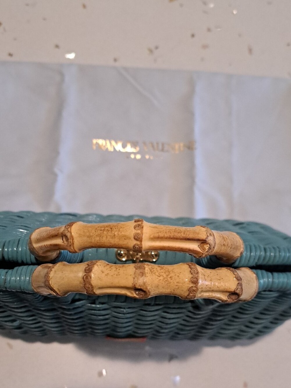 Frances Valentine Teal Buzzy Basket Woven Tote with Bamboo Top Handle - Picture 7 of 16